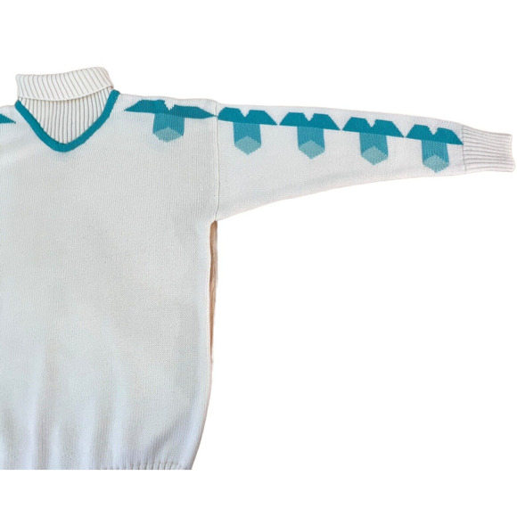 Vintage Meister Wool Blend White Turtleneck Sweater Aqua Geometric‎ Pattern Lg - Picture 8 of 11